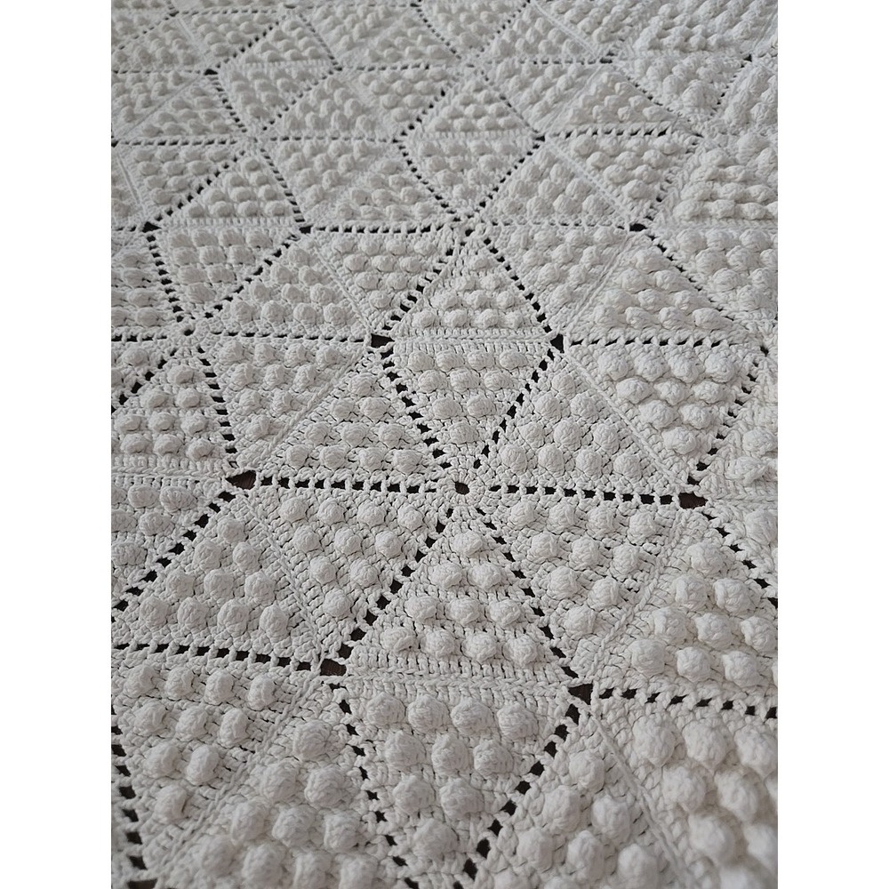 Vintage Ecru Popcorn Stitch Bedspread Cover Tablecloth Hand‎ Crocheted 59" x 82"